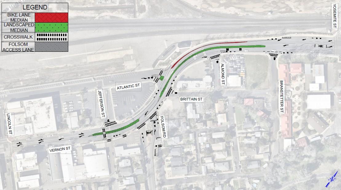 Project map with renderings of medians, crosswalks, roadway directional markings, and a bike lane.